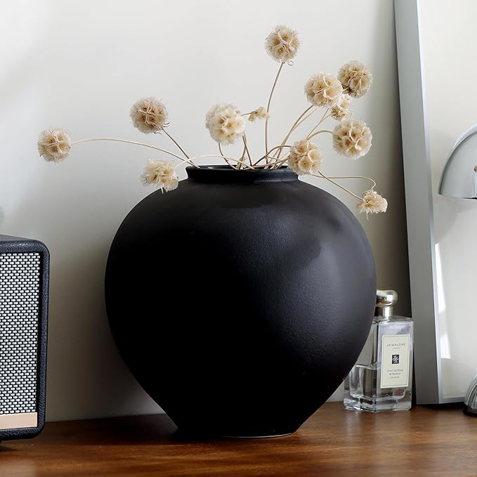 Extra Large Black Ceramic Flower vase Decorative Jar Oversize Modern Centerpiece Table Decorations,Round Shape Rustic Ceramic vases for Home Decor Dining Room(Black, 0807)