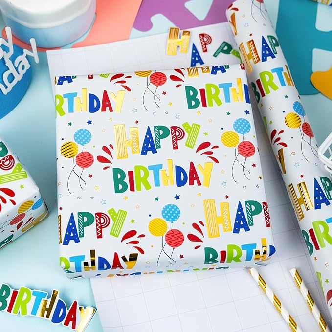Burymento Birthday Wrapping Paper Roll for Boys Girls Kids Men Women - Colorful Gold Foil Balloon and Stars - Gift Wrap Paper for Birthday Party, 17 In x 32.8 Ft