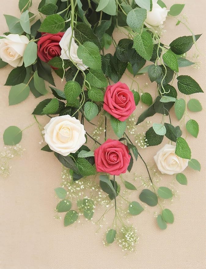 Dark Red Artificial Roses 25pcs, Real Looking Fake Foam Flowers with Stems for DIY Wedding Bouquets, Centerpieces, Valentine's Day, Christmas Tree Decoration