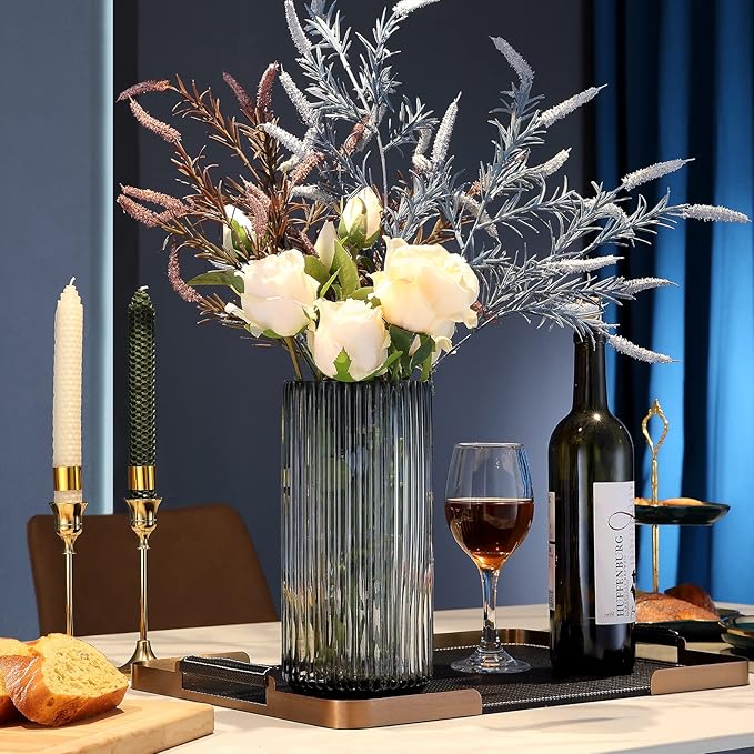 Large Cylinder Ribbed Grey Glass Flower Vase for Farmhouse Dining Table Centerpieces Decor