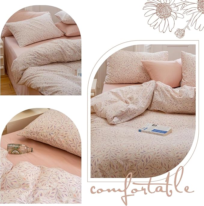 EAVD Pink Botanical Duvet Cover Queen - Soft 100% Cotton Garden Floral Tree Branches Pattern Bedding Set with 2 Pillowcases Vintage Style Comforter Cover with Zipper Closure