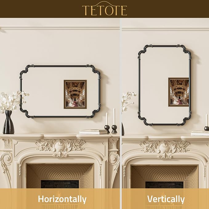 TETOTE Baroque Antique Black Scroll Wall Mirror 40 x 30 Vintage Rectangle Framed Baroque French Rectangular Mirror for Mantle Fireplace Bathroom Living Room, Horizontal/Vertical