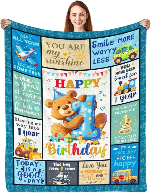 CIUGOIG Happy 1st Birthday Blanket - Soft 50"x40" Gift for One Year Old Boys | Adorable Teddy Bear Design