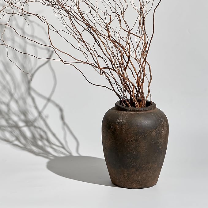 LB2 Brown Ceramic Large Vase, 11" Tall Zen Style vase, Terra Cotta Pitcher, Distressed Farmhouse Decor, Pottery Decorative Flower for Home Decor (A - Brown 11.8")