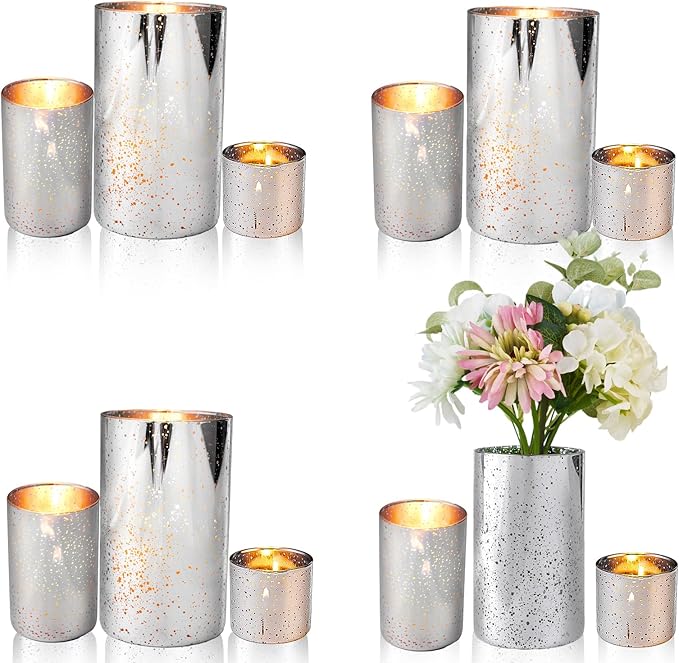 CHILL RECIPE Silver Cylinder Vases Glass Candle Holders Bulk, Mercury Hurricane Candle Holder Small Flower Vases for Centerpieces Tea Light Pillar Votive Candles Wedding Decor Party (4 Set 12Pcs)