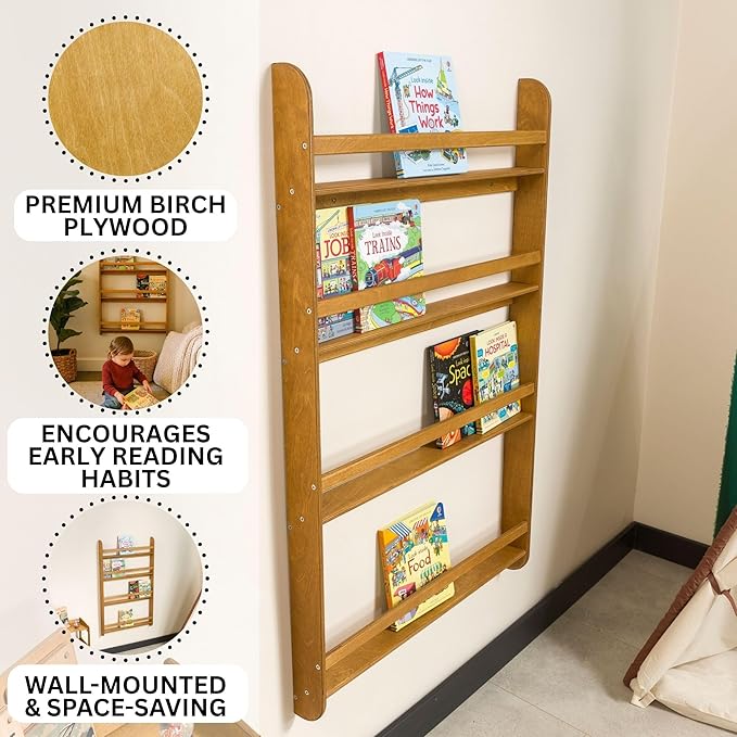 Montessori Wall-Mounted Bookshelf for Toddlers Toy Storage Shelf Organizer for Playroom and Classroom Floor Bookshelves for Kids Room (Oak, XL, 4)