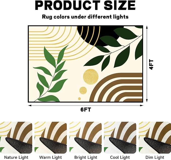 Modern Abstract Rug Geometric Area Rug Boho Green Leaf Floor Mat Soft Washable Carpet for Bedroom Living Room Kitchen Nursery Playroom Home Decor 4'x6'