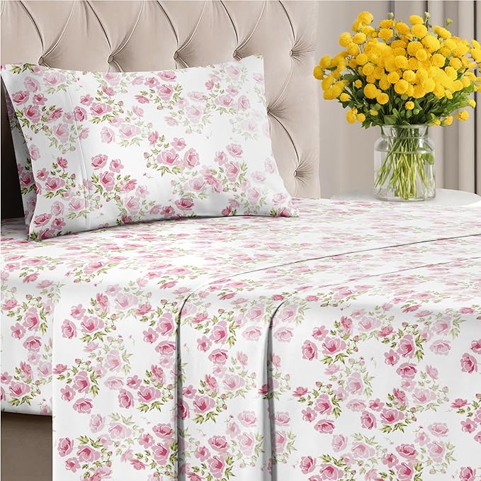 Floral Sheets - Pink Floral Bed Sheet Set - 1 Flat, 1 Fitted & 1 Pillowcase w/ Deep Pockets - Comfy, Wrinkle & Fade Free - Boho Botanical Bedding - Ultra-Soft, Breathable & Cooling - Twin XL Size Set