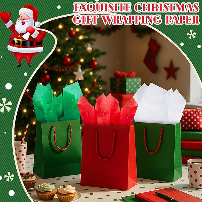 Qilery 500 Sheets Christmas Glitter Red Green White Tissue Paper Bulk 15 x 20 Inch Wrapping Paper for Gift Bags Acid Free Tissue for Christmas Craft Supplies, Bouquets, Garlands, Forming Pompoms
