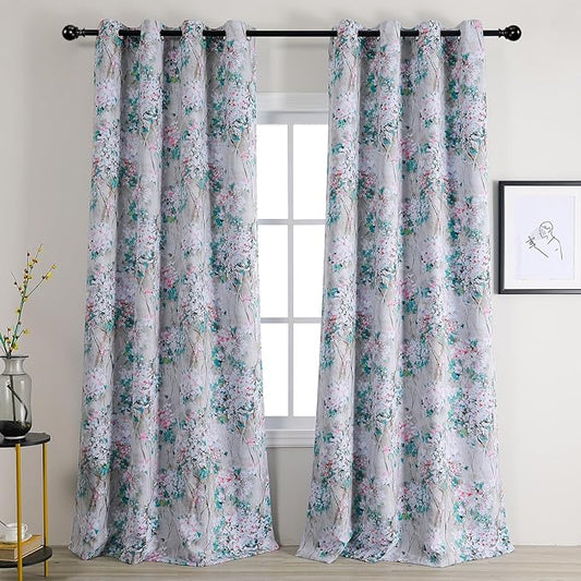 MYSKY HOME Floral Curtains 102 Inch Length 2 Panels for Living Room Bedroom Thermal Insulated Grommet Vintage Grommet Drapes for Patio，Pink and Blue, Set of 2