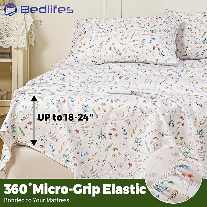 Bedlifes Extra Deep Pocket 18-24" Queen 4-Piece Sheet Set - Cooling Sheets Blend Rayon Derived from Bamboo Soft & Breathable Floral Design