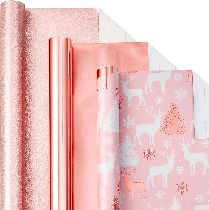 LeZakaa Rose Gold Christmas Wrapping Paper Mini Roll, Glitter Foil Matte and Reindeer Snowflake Design Holiday Gift Wrap, Arts Craft, for Xmas Winter Party, 17 x 120 inches, 3 Rolls