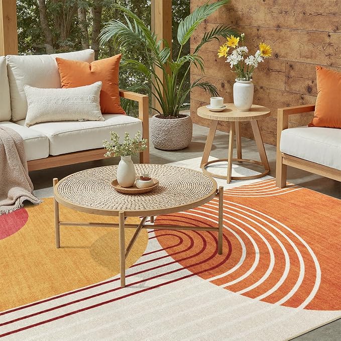 DCX Abstract Machine Washable 9x12 Rug, Mid Century Modern Rug for Living Room, Soft Low Pile Non Slip Carpet, Kid & Pet Friendly Stain Resistant Rug for Bedroom Dining Room Office, Orange & Yellow