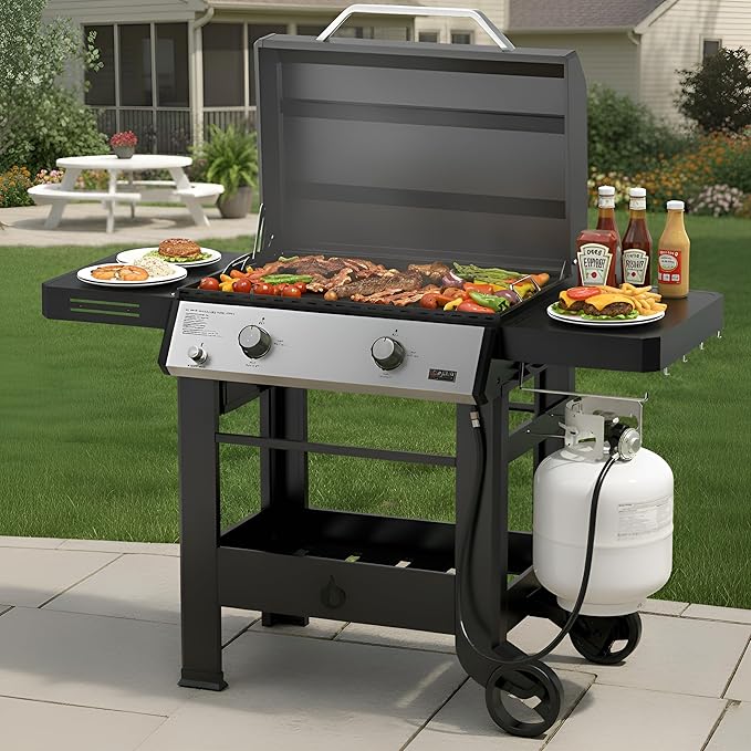 ONLYFIRE GRILLS Heavy Duty Propane Gas Griddle with Grill Cover, Premium 2-Burner Flat Top Gas Griddle with 518 sq.in Cooking Area, Foldable Side Tables, for Outdoor Patio Backyard BBQ Party, GS351