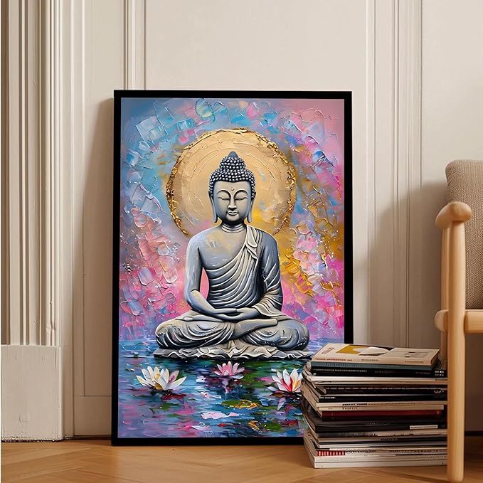 Lotus and golden Buddha meditation tranquil zen wall art mindfulness wall art for spiritual harmony and tranquility decor 12x18in Metal blackFramed