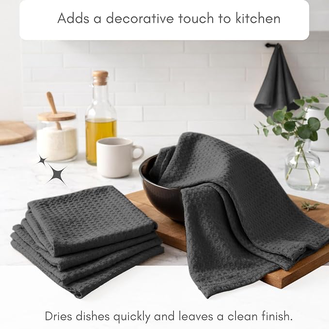 TWINY threads Gray Waffle Kitchen Towel 4 Pack, 16x26 Inches, Premium 100% Cotton Kitchen Linen Set, Absorbent Dish Cloths for Cleaning and Drying Dishes, Machine Washable, Durable, Quick Dry, Grey