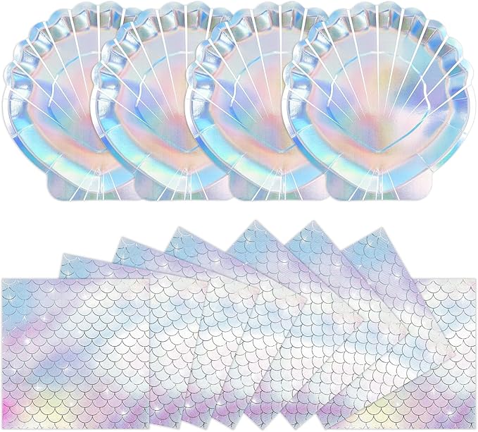 40 Pcs Iridescent Mermaid Plates and Napkins Party Supplies, Seashell Disposable Paper Plates and Napkins Tableware Set for Mermaid Baby Shower Birthday Party Decorations Serves 20