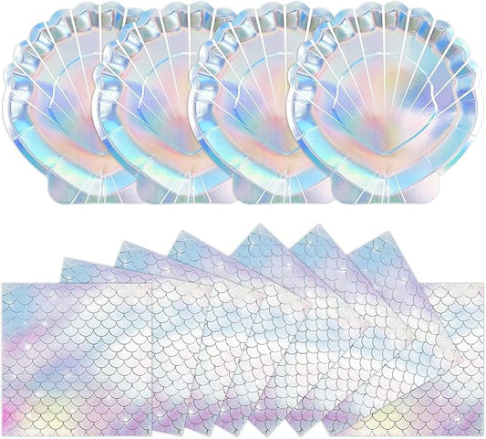 40 Pcs Iridescent Mermaid Plates and Napkins Party Supplies, Seashell Disposable Paper Plates and Napkins Tableware Set for Mermaid Baby Shower Birthday Party Decorations Serves 20