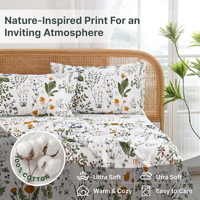 100% Cotton Sheet Set King Size – 4-Piece Vintage Green Floral Bedding Set, Soft Breathable Percale Weave, Deep Pocket Fitted Sheet 17.5", Crisp Cool Feel, Refined Botanical Elegance
