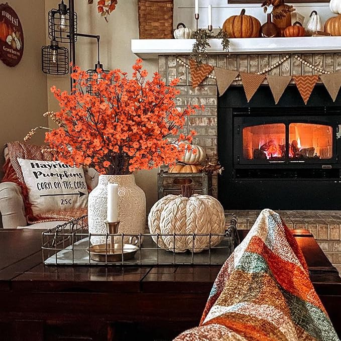 Yastouay Fake Fall Flowers Thanksgiving Table Decor, 15Pcs Fall Orange Faux Artificial Flowers for Decorations, Babys Breath Artificial Flowers Bulk for Thanksgiving Fall Decor Floral Arrangement