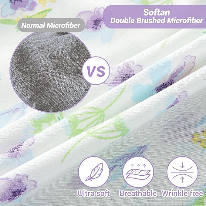 Softan Floral Queen Sheet Set Purple Flower Bed Sheets Queen Printed Sheets - 4 Piece Soft Microfiber Patterned Fitted Sheets with 15" Deep Pocket and Corner Straps, Cute Blue Flower Sheets