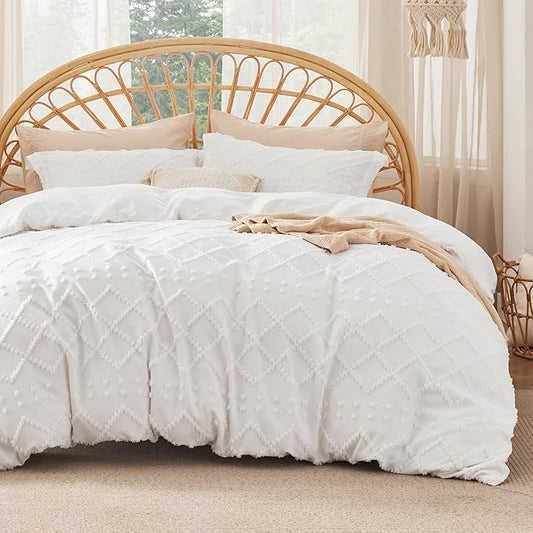 Bedsure Boho Duvet Cover King Size with Fitted Sheet - Boho Bedding Comforter Set, 4 Pieces, Includes 1 Duvet Cover 104"x90" with Zipper Closure, 2 Pillow Shams, 1 Fitted Sheet, White