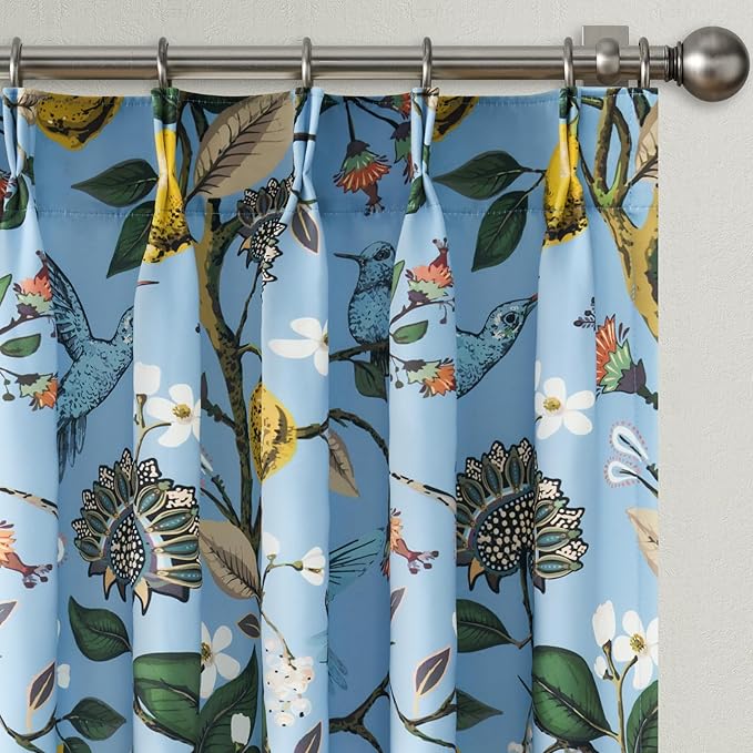 Blue and White Patterned Floral Aesthetic Curtains 84 Inch Length Farmhouse Vintage Pinch Pleated Drapes Birds Luxury 2 Panels for Kid Bedroom Living Room, Chambray Blue