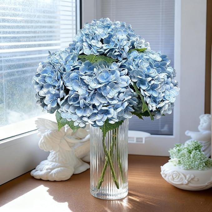3pcs Hydrangea Artificial Flowers, 21" Real Touch Silk Faux Hydrangeas Flowers Lifelike Fake Hydrangea for Wedding Bouquets,Home Decor&Party Centerpieces (Blue)