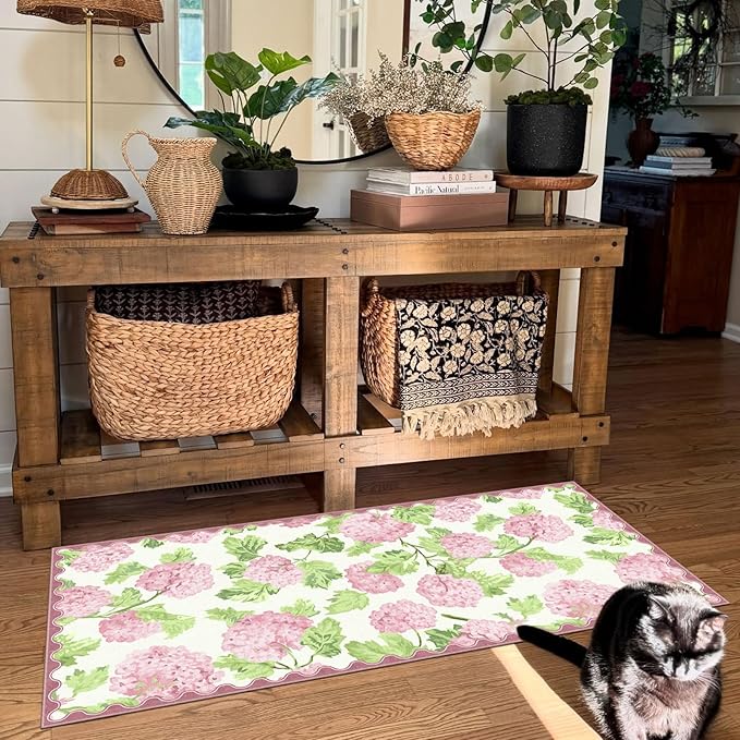 Front Door Mat Indoor Entrance - 2x4.3 Ft Spring Washable Layered Doormat Outdoor Entrance Porch Rug Non-Slip Pink White Floral Scalloped Runner Rug for Kitchen Bedroom Mudroom Porch Decor