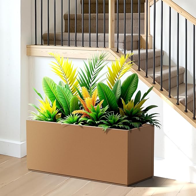 Metal Planter Box Rectangular Planter Box with Drainage Hole, Outdoor Large Planters, All-Weather Use, Rust-Resistance, for Flowers Plants, 38" L × 15" W × 16.3" H, Brown