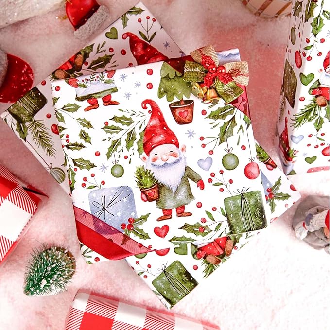MAYPLUSS Christmas Wrapping Paper Roll - 17IN X 33FT - Gift Wrapping Paper Featuring Santa Claus Christmas Ballon Reversible Plaid for Kids, Holiday, New Year