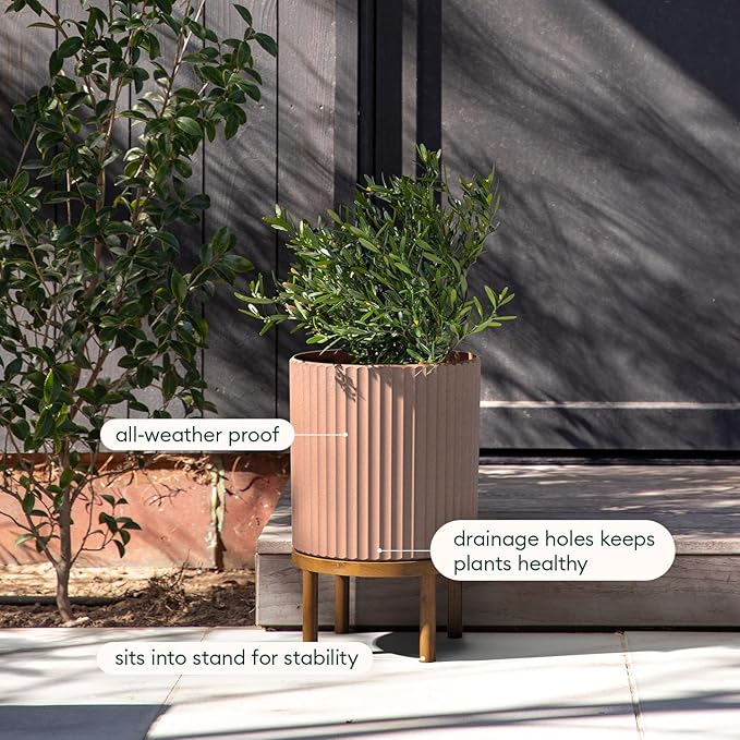 Veradek Demi Series Round Planter w/Stand for Porch/Patio | Durable Plastic-Stone Composite & Wooden Stand | Modern Décor for Tall Plants, Flowers
