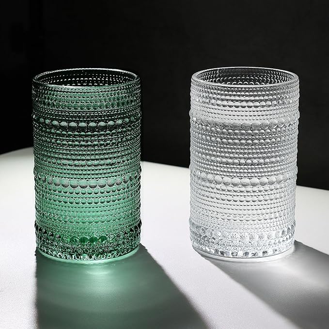 Hobnail-Drinking Glasses 13oz Vintage Glassware Sets Cocktail Juice Glasses Set of 6, Blackish Green