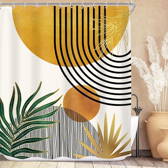 KOMLLEX Mid Century Boho Shower Curtain for Bathroom Decor Abstract Modern Sun Minimalist Aesthetic Arch Curve Leaves Geometric Yellow Gold Neutral Fabric Waterproof Polyester 12 Hook 60Wx72L