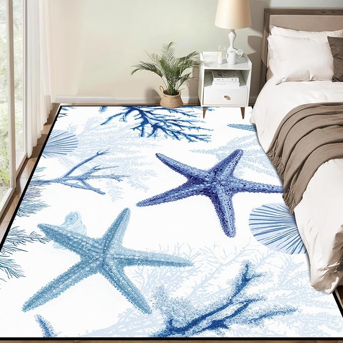 Coastal Starfish Rug 6'x9' Blue Ocean Area Rug Coral Seashell Floor Mat Washable Low Pile Carpet for Bedroom Living Room Kitchen Nursery Playroom Home Decor