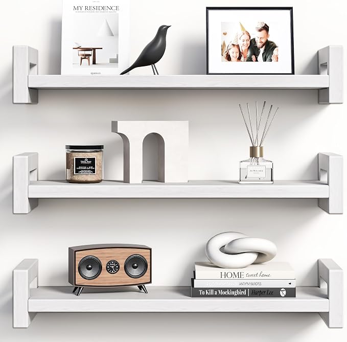 Vailando Floating Shelves for Wall, Set of 3 Solid Wood Wall Mounted Shelves, 16" White Display Shelf for Bedroom, Living Room, Bathroom, and Kitchen Decor - Heavy-Duty & Natural Pine