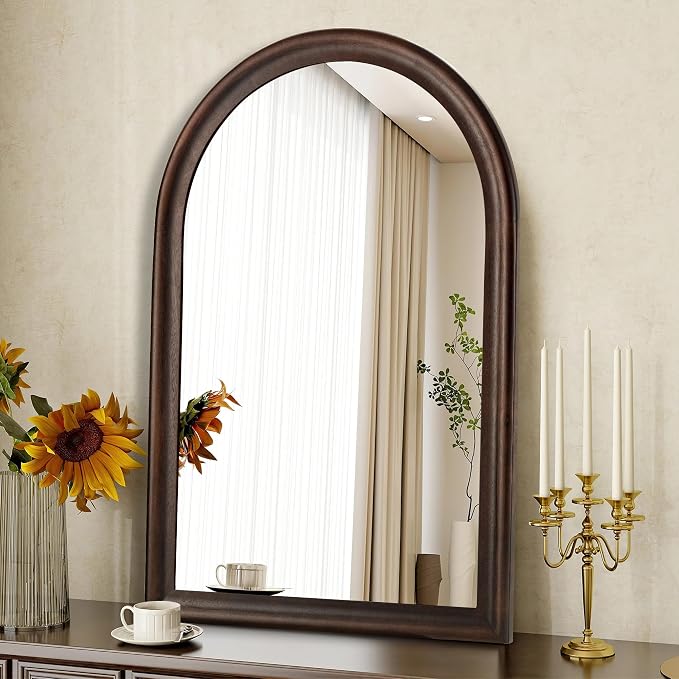 Tanmicoshomy Arched Bathroom Mirrors for Wall 24x36 Inch, Dark Brown Framed Arch Mirror with Tempered Glass for Living Room, Bedroom or Entryway