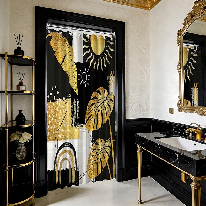 Small Stall Narrow Black and Gold Shower Curtain Boho Stand Up Abstract Dark Mens Shower Curtains for Rv Camper Bathroom Decor Sets, Waterproof Cloth Fabric with Hooks, 48 x 72 Inch