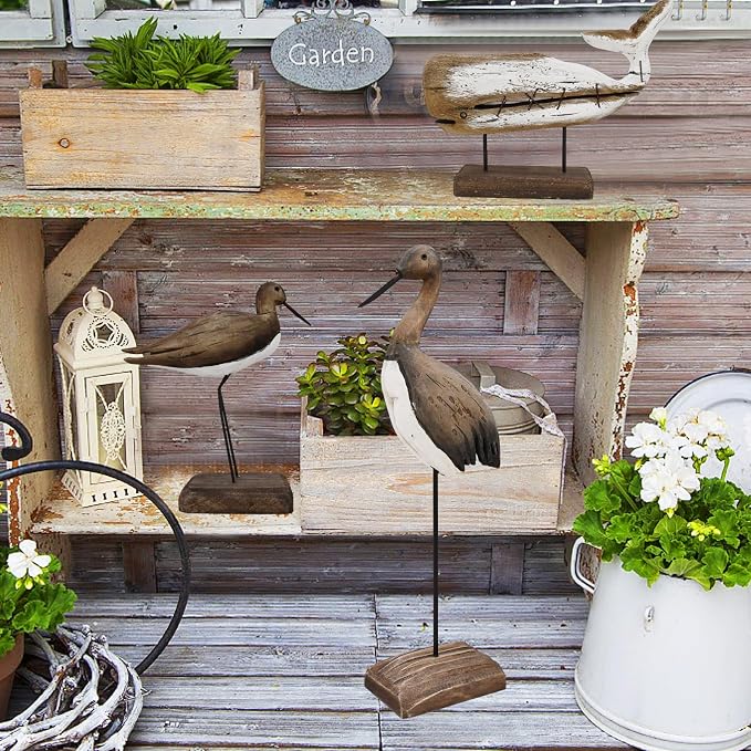 Wood Bird Statue Nautical Decor Decorative Sea Birds Sculpture Wooden Tabletop Figurine Coastal Ocean Beach Themed Decoration for Home Yard Bathroom Living Room (6.7" + 12.4" H)