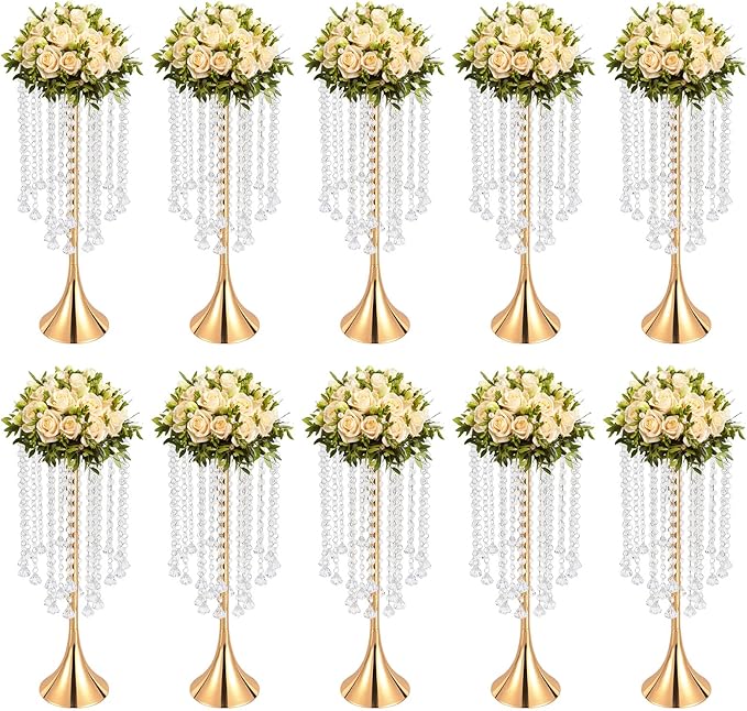 10 Pieces Centerpiece Gold Crystal Vase, 21.9 Inch Acrylic Crysta Wedding Flower Stand, for Wedding Reception, Party, Banquet, Hotel Decorations
