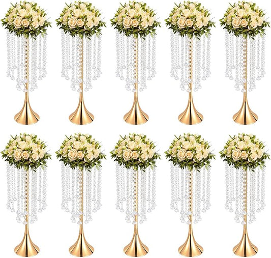 10 Pieces Centerpiece Gold Crystal Vase, 21.9 Inch Acrylic Crysta Wedding Flower Stand, for Wedding Reception, Party, Banquet, Hotel Decorations