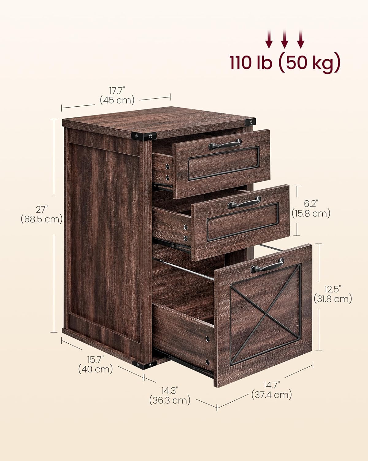 VASAGLE File Cabinet - Modern 3-Drawer Filing Cabinet for Home Office | Maroon Brown, Fits A4 & Letter Size