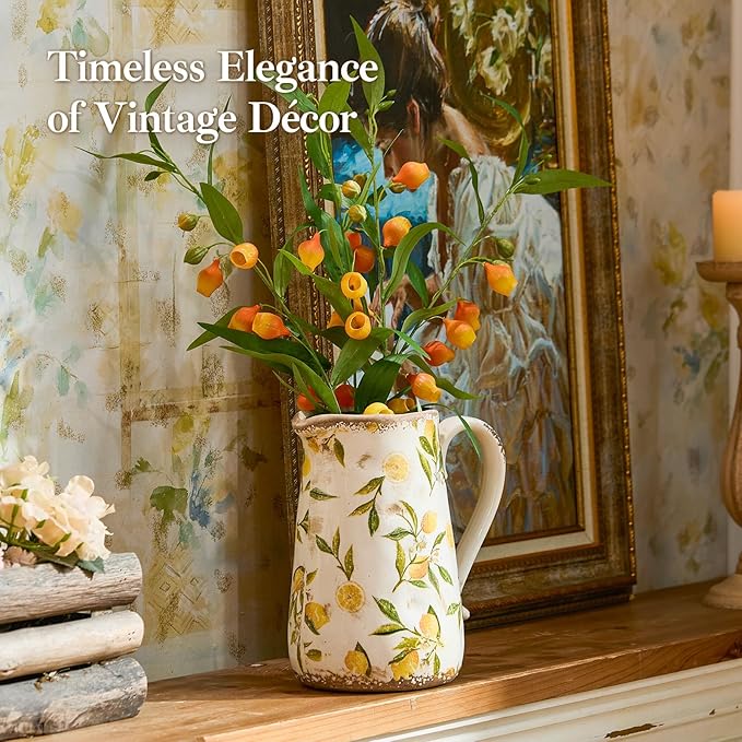 Vintage Lemon Ceramic Vase with Handle, Retro Ice Glazed Crack Farmhouse Pitcher Vase for Home Decor, Living Room, Shelf, Office, Rustic Table Centerpiece 9 Inch
