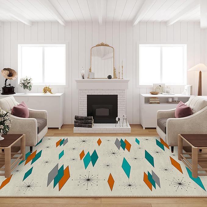 Mid Century Modern Rug for Living Room 8'x10', Non-Slip Machine Washable Carpet Atomic Retro Area Rug for Bedroom Dining Room Office Indoor Modern Home Decor