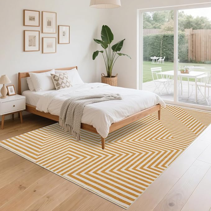 Washable Modern Lines Rug 9x12 Area Rug for Living Room Neutral Modern Geometric Rugs Low Pile Soft Bedroom Carpet Thin Foldable Abstract Floor Carpet for Dining Kids Room Playroom, Orange Yellow
