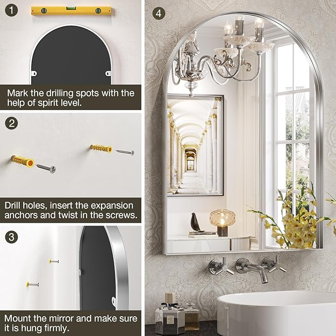 Brightify Metal Framed Arched Wall Mirror, 24 x 36 Inch, Silver, for Living Room, Bedroom, Bathroom, Hallway, Powder Room Decorative