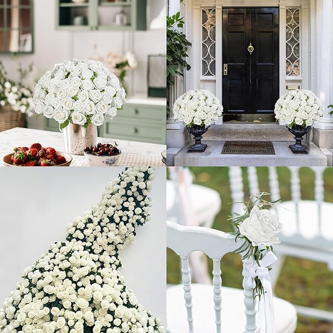 Fake Plants Roses Flowers Plastic Flowers Spring Decorations for Home Gifts for Gf Roses Artificial Flowers for Vase Fake Flowers Home Decor 19.6”(50PCS White)