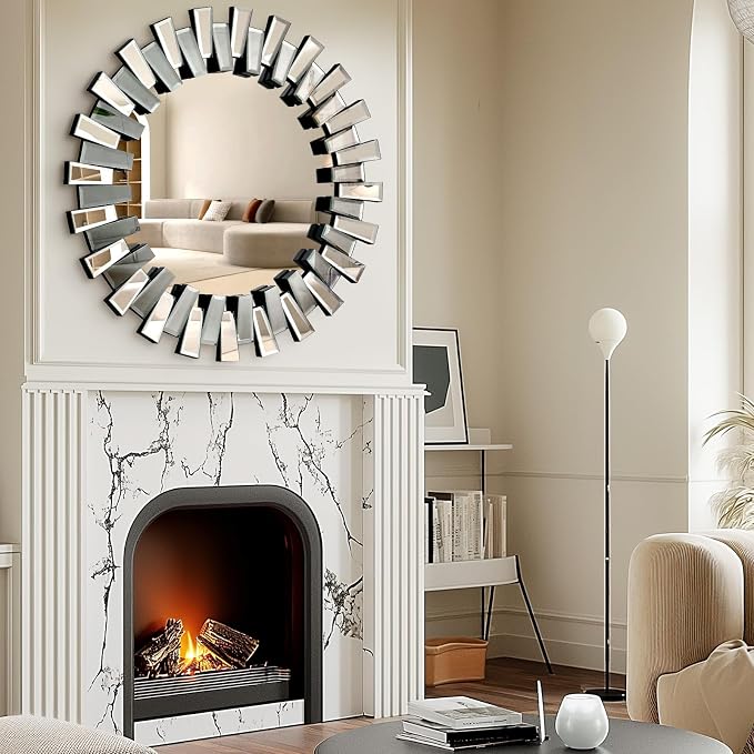 QDSSDECO Round Mirror Sunburst Wall Mirror 24" Beveled Edge Frameless for Living Room Bathroom Bedroom Entryway Decor