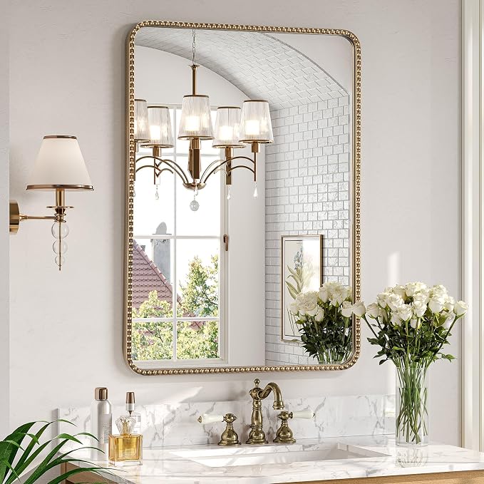 24"x32" Champagne Bronze Mirrors for Bathroom, Brass Vintage Bathroom Wall Mirror with Beaded Frame, Champagne Bronze Vanity Mirror for Ornate Mantle Bedroom