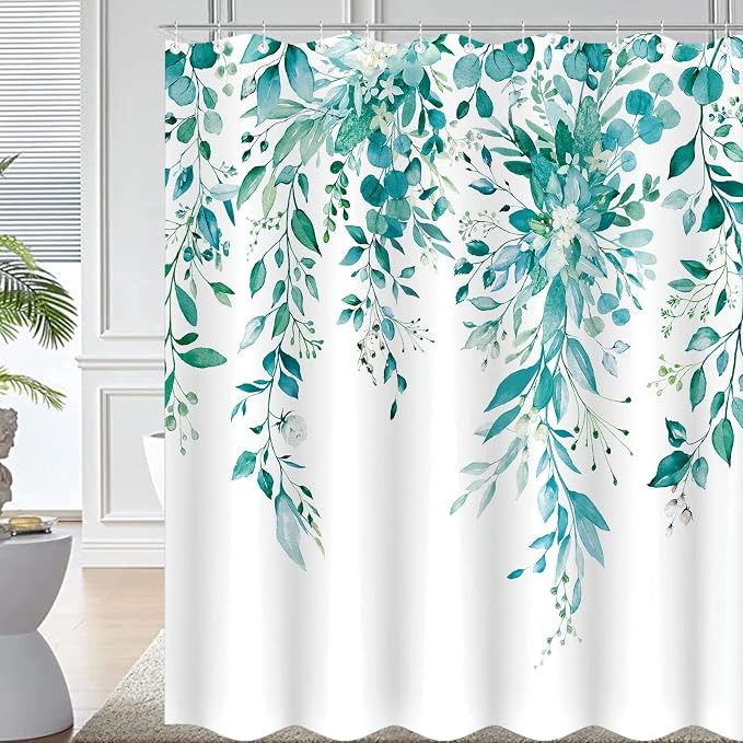 Teal Eucalyptus Shower Curtain Watercolor Floral Plant Leaf Shower Curtains for Bathroom Botanical Flower Waterproof Fabric Bath Curtain Decor with Hooks (Teal, 72'' x 72'')